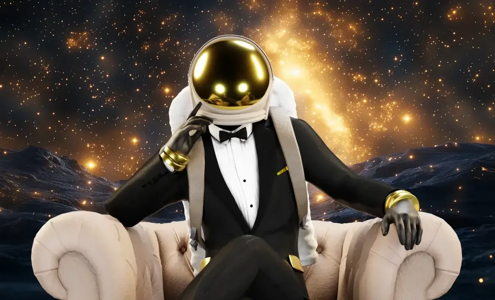 Just Casino astronaut in a tuxedo relaxing in a lounge chair among golden stars