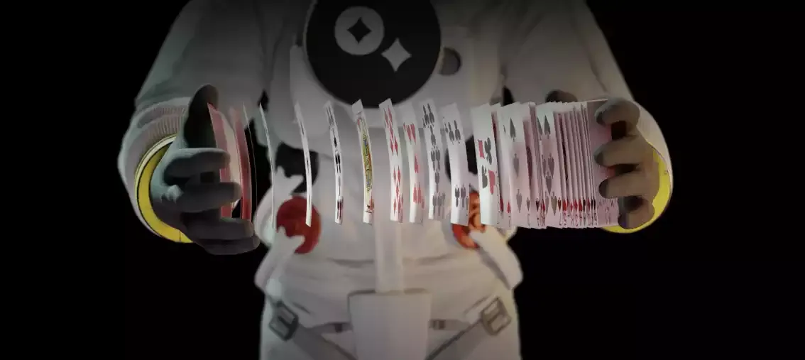 Just Casino astronaut shuffling a deck of playing cards