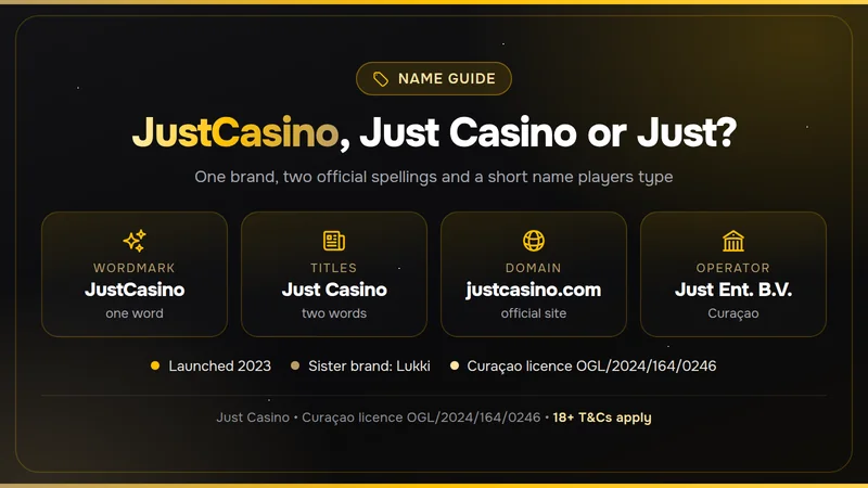 JustCasino name card with the brand, the domain and the operator