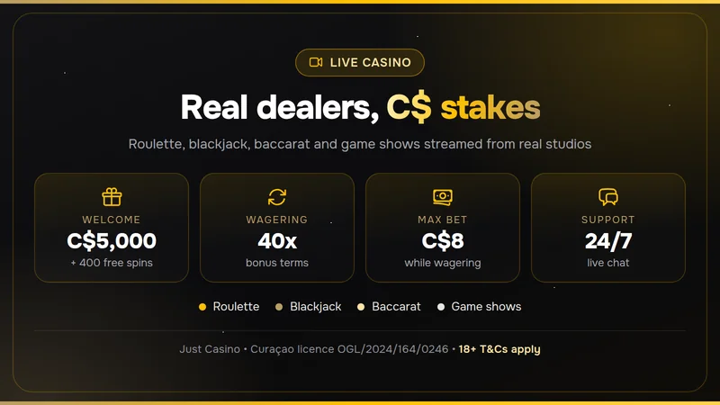Just Casino live casino overview card with studios, wagering and welcome package