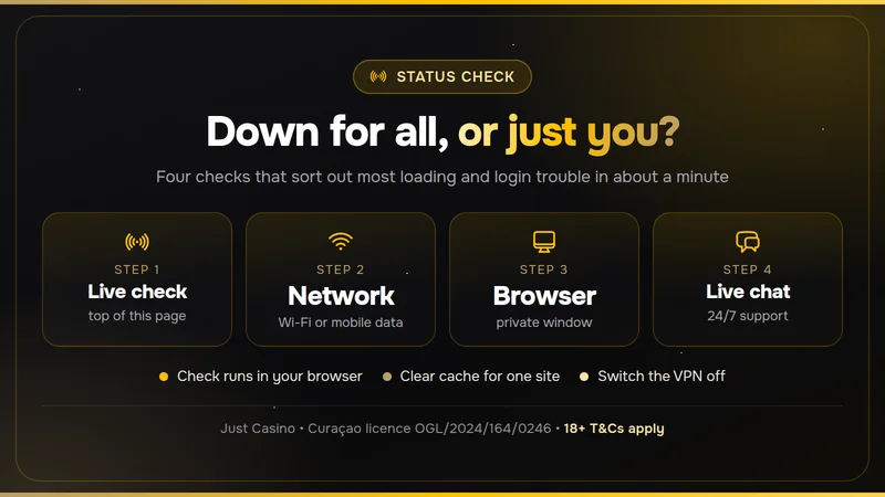 Just Casino status check card with the four things to test first
